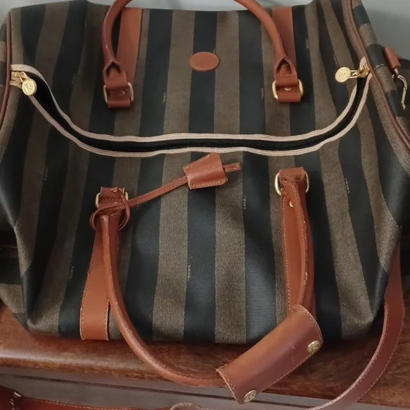 Vintage *RARE* Fendi Pequin Stripe & Cognac  Duffle/Weekender Bag (Large 50cm) - Picture 10 of 10